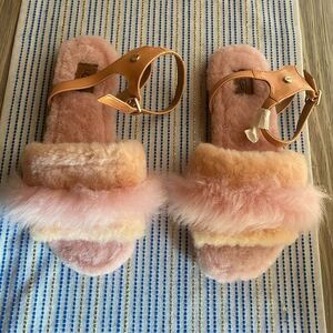 UGG Sandals Fuzz Fur Womans  Size US 7 Pink Peach Buckle Straps NEW